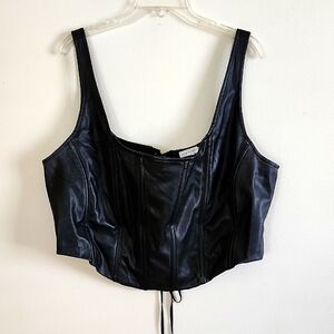 Good American Cropped Black Faux Leather Lace Up Corset 7 3X Cowgirl Goth Sexy